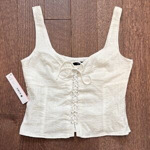 Aqua White Lace-Up Eyelet Crop Top